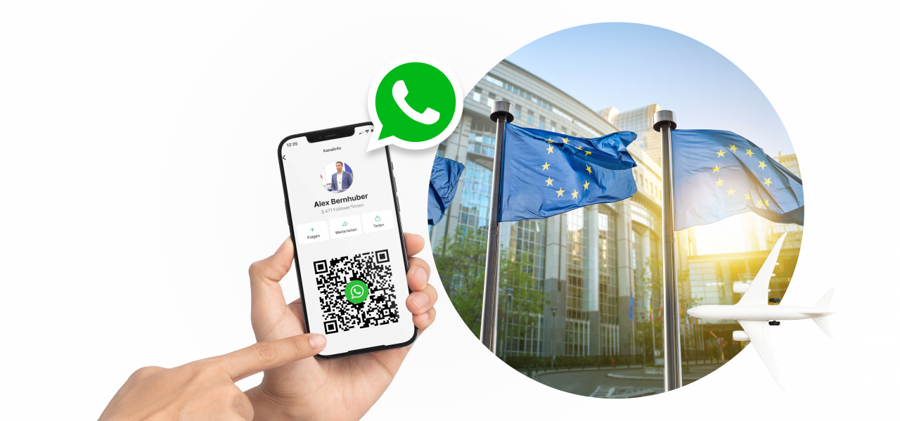 Hand with iphone showing whatsapp channel of Alex Bernhuber.